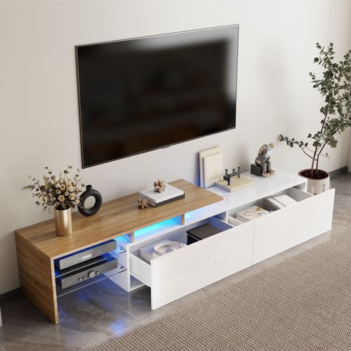 Meuble TV Moderne : Design Élégant, Rangement Pratique,laqué Blanc,étagères En Verre,éclairage LED