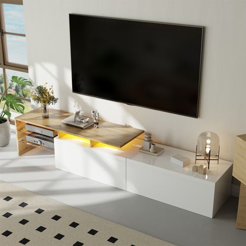 Meuble TV Moderne : Design Élégant, Rangement Pratique,laqué Blanc,étagères En Verre,éclairage LED