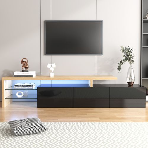 Meuble TV Moderne : Élégance Stylée, Rangement Pratique,noir Laqué,étagères En Verre,éclairage LED