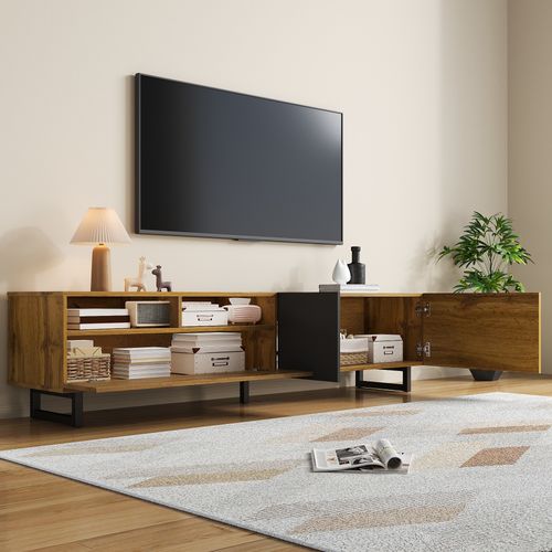 Meuble TV Colorblock, Design Contrasté, 3 Portes, 2 Compartiments, Pieds Métalliques En Forme De U