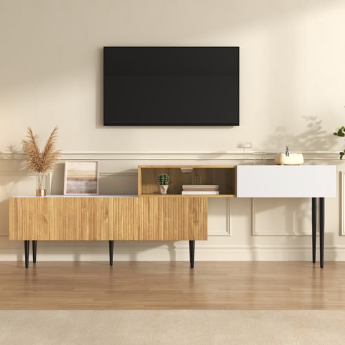 Meuble TV Moderne, Longueur Ajustable, Design Modulaire 2 Pièces, Effet Bois Et Blanc Mat