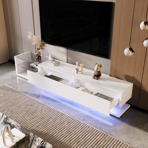 Meuble TV Bas, Verre Laqué Blanc, LED Variable, Style Rustique Et Moderne