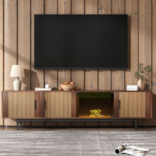 Meuble TV Lowboard Avec Texture Sculptée, Meuble TV Avec Bande LED Et Porte En Verre Trempé