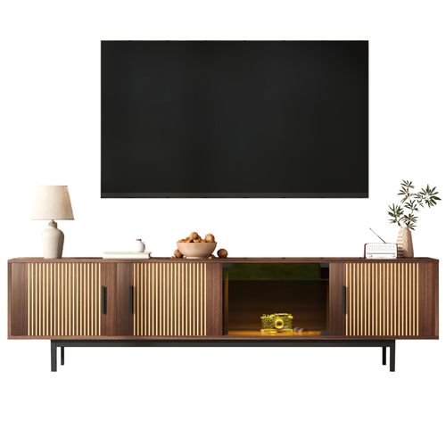 Meuble TV Lowboard Avec Texture Sculptée, Meuble TV Avec Bande LED Et Porte En Verre Trempé