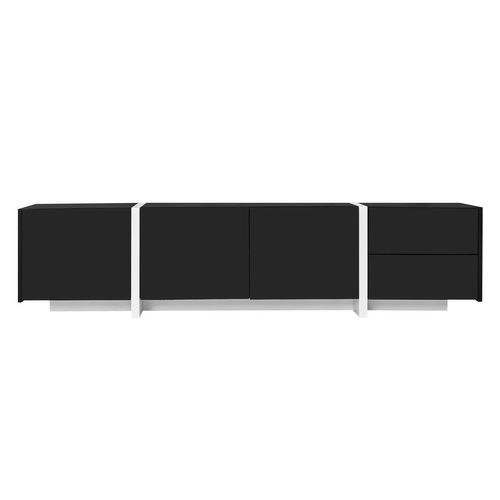 Meuble TV Bas, Armoire Laquée Noire Avec Pieds Blancs Contrastants, Avec Bande LED