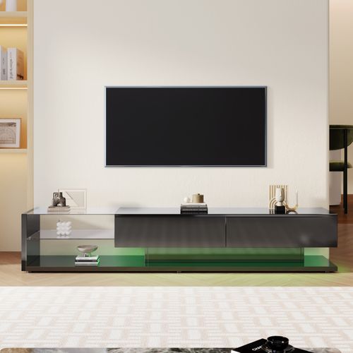 Meuble TV Lowboard Laqué, Cloisons En Verre, Éclairage LED Variable, Style Rustique Et Moderne.