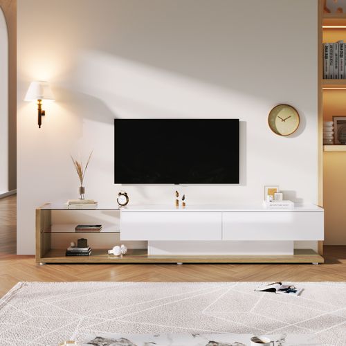Meuble TV Lowboard,blanc Laqué Et Bois, Séparations En Verre Et LED Variable,style Campagne Moderne