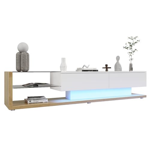 Meuble TV Lowboard,blanc Laqué Et Bois, Séparations En Verre Et LED Variable,style Campagne Moderne