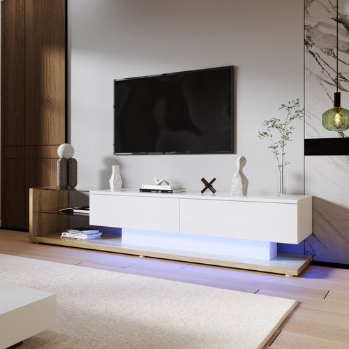 Meuble TV Lowboard,blanc Laqué Et Bois, Séparations En Verre Et LED Variable,style Campagne Moderne
