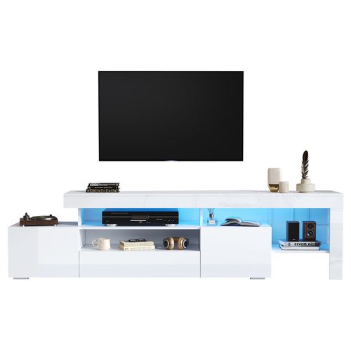 Meuble TV 192x37x53 cm Blanc, 3 Armoires, LED, Lowboard Haute Brillance, TV Jusqu’à 85"