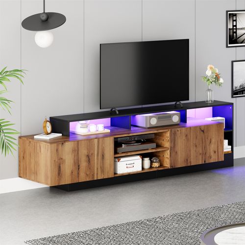 Meuble TV Moderne Bois Avec Cadre Noir Et LED, Pour TV Jusqu’à 70", Salon Et Chambre