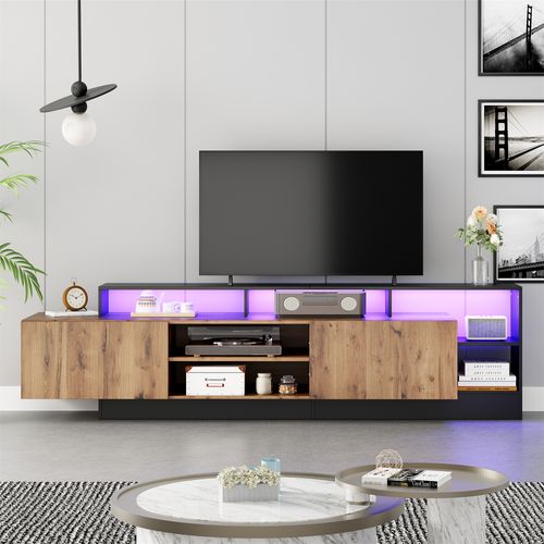 Meuble TV Moderne Bois Avec Cadre Noir Et LED, Pour TV Jusqu’à 70", Salon Et Chambre