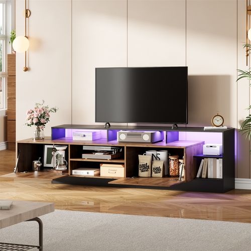 Meuble TV Moderne Bois Avec Cadre Noir Et LED, Pour TV Jusqu’à 70", Salon Et Chambre