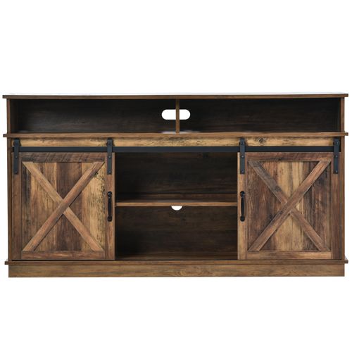 Meuble TV 148x40x78 cm, 2 Portes Coulissantes, Étagères Réglables, Style Fermier, Salon