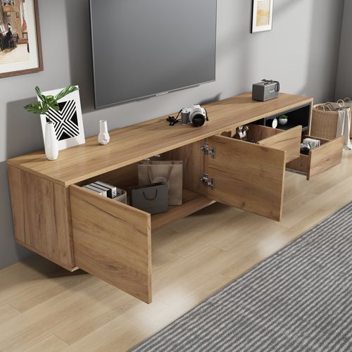 Meuble TV Bas 173x38x48 cm, Rangement Ouvert Avec Étagères En Échelle, Bois, TV Jusqu’à 70