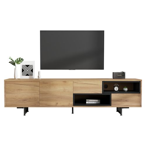 Meuble TV Bas 173x38x48 cm, Rangement Ouvert Avec Étagères En Échelle, Bois, TV Jusqu’à 70