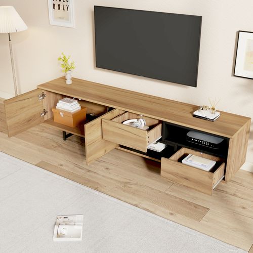 Meuble TV Bas 173x38x48 cm, Rangement Ouvert Avec Étagères En Échelle, Bois, TV Jusqu’à 70