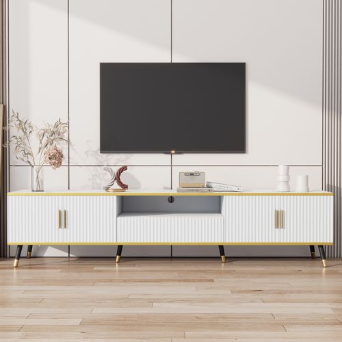 Meuble TV Moderne 200x40x46 cm, Finition Marbre, 2 Portes, 1 Tiroir, TV Jusqu’à 90 pouces