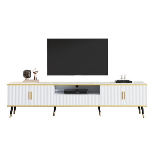 Meuble TV Moderne 200x40x46 cm, Finition Marbre, 2 Portes, 1 Tiroir, TV Jusqu’à 90 pouces