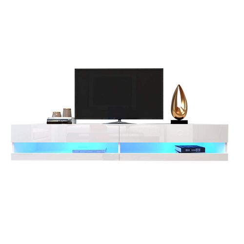 Meuble TV LED Blanc 140x40x31 Cm, Éclairage LED, Rangement Pratique, Lowboard Pour Salon
