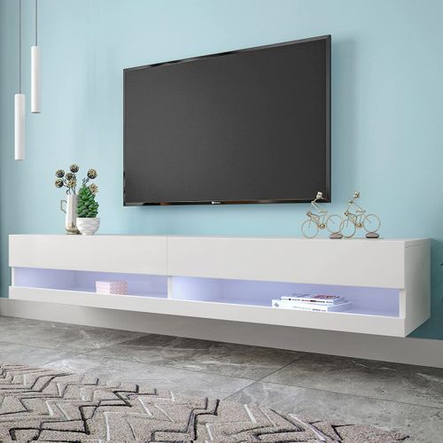 Meuble TV LED Blanc 140x40x31 Cm, Éclairage LED, Rangement Pratique, Lowboard Pour Salon