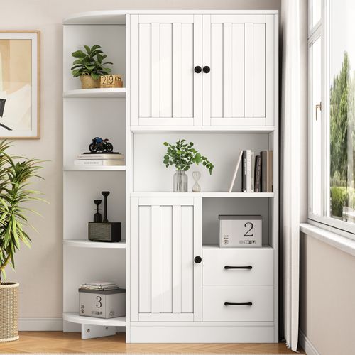 Meuble D'angle 104 X 35 X 155 Cm En Panneau Blanc — 3 Portes, 2 Tiroirs, 6 Niches, 14 Espaces