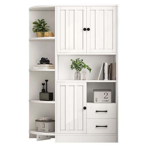 Meuble D'angle 104 X 35 X 155 Cm En Panneau Blanc — 3 Portes, 2 Tiroirs, 6 Niches, 14 Espaces