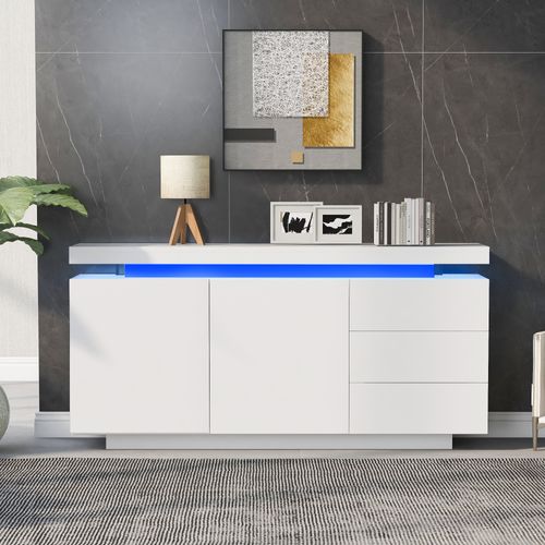 Buffet 140x35x72,5 Cm Blanc Laqué Avec Éclairage LED Pilotable Par Application, 2 Portes 3 Tiroirs