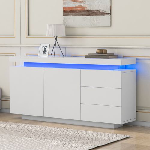 Buffet 140x35x72,5 Cm Blanc Laqué Avec Éclairage LED Pilotable Par Application, 2 Portes 3 Tiroirs