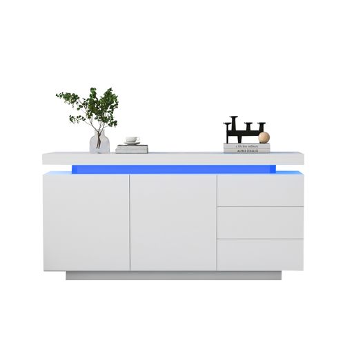 Buffet 140x35x72,5 Cm Blanc Laqué Avec Éclairage LED Pilotable Par Application, 2 Portes 3 Tiroirs
