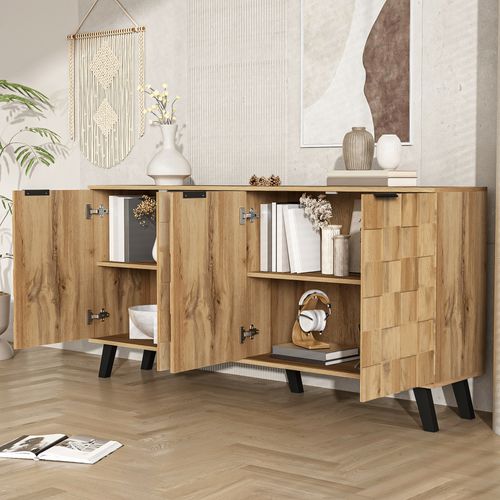 Buffet 160,5x35,5x78 Cm Effet Bois, 4 Portes Motif Structuré, Tablettes Réglables, Pieds Noirs