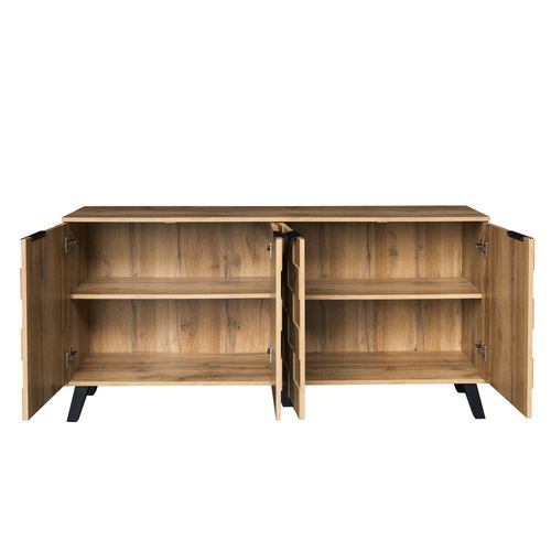 Buffet 160,5x35,5x78 Cm Effet Bois, 4 Portes Motif Structuré, Tablettes Réglables, Pieds Noirs