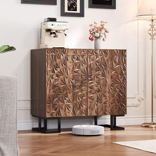 Buffet Bas En Mdf Noyer Foncé Avec Relief De Feuilles, Pieds Métal Noirs 15 Cm