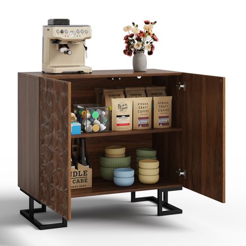 Buffet Bas En Mdf Noyer Foncé Avec Relief De Feuilles, Pieds Métal Noirs 15 Cm