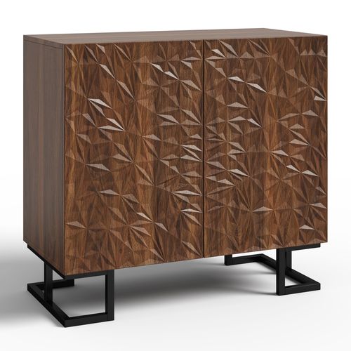 Buffet Bas En Mdf Noyer Foncé Avec Relief De Feuilles, Pieds Métal Noirs 15 Cm