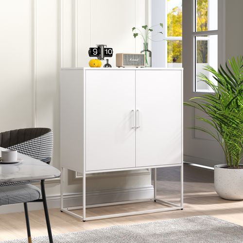 Buffet Métallique Blanc 85x40x109 Cm, 2 Étagères, Portes Magnétiques, Ancrage Anti-basculement