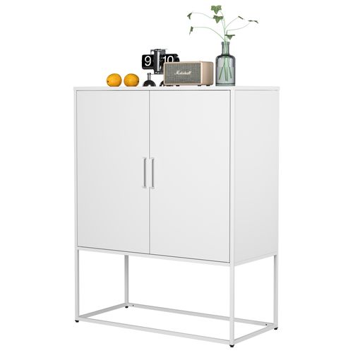Buffet Métallique Blanc 85x40x109 Cm, 2 Étagères, Portes Magnétiques, Ancrage Anti-basculement