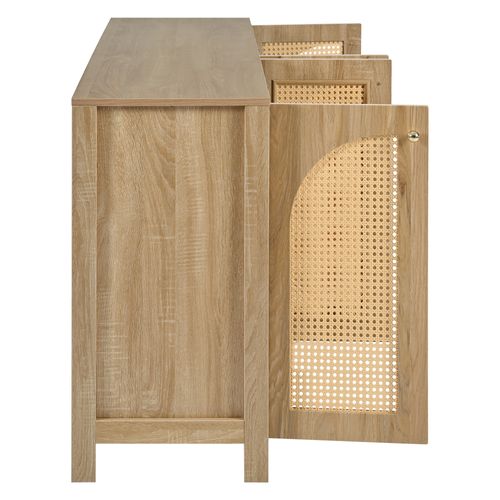 Buffet Naturel 4 Portes En Mdf Et Rotin Pe, Poignées Métal, 4 Compartiments, Design Courbé