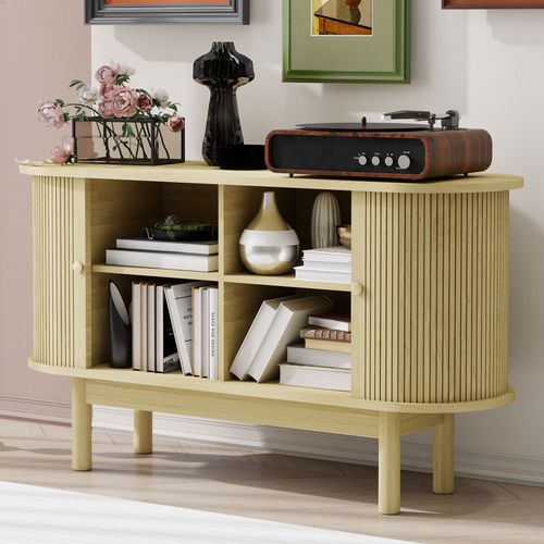 Buffet 138 Cm En Bois Naturel, Mdf Et Pieds En Pin, Façade à Lamelles Au Style Contemporain