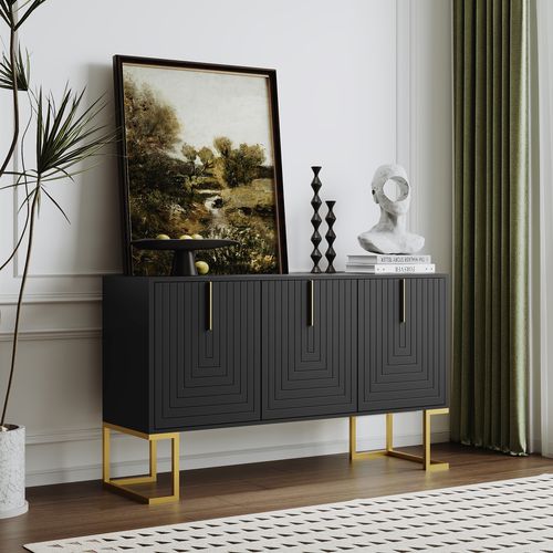 Buffet 3 Portes Noir En Mdf Avec Base Métal En L Et Poignées Dorées – Rangement Modulable