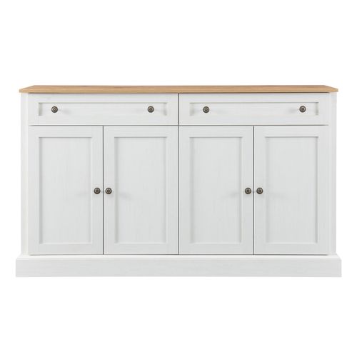 Buffet 150 × 40 × 86 Cm Blanc, Plateau Bois Naturel, 4 Portes Et 2 Tiroirs – Rétro-moderne
