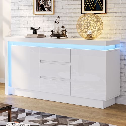 Buffet 140x35x72 Cm, 3 Tiroirs, 2 Portes, LED, Laqué Blanc, Pour Salon Et Chambre.