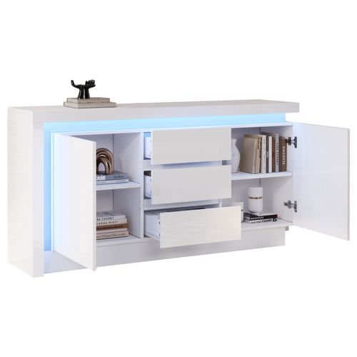 Buffet 140x35x72 Cm, 3 Tiroirs, 2 Portes, LED, Laqué Blanc, Pour Salon Et Chambre.