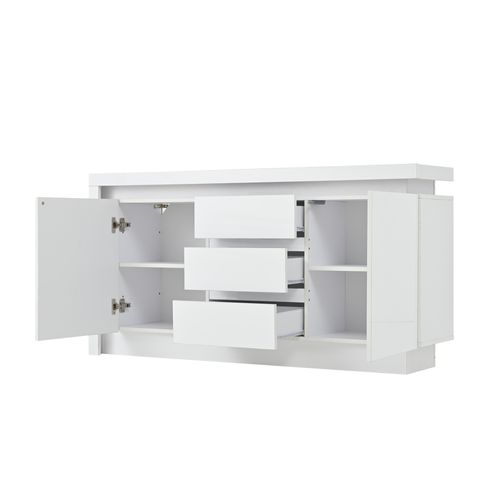 Buffet 140x35x72 Cm, 3 Tiroirs, 2 Portes, LED, Laqué Blanc, Pour Salon Et Chambre.