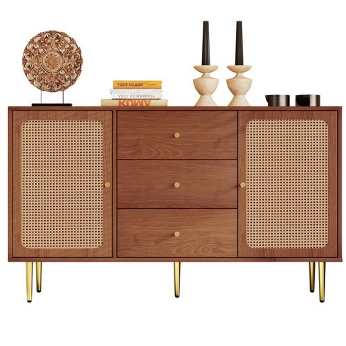 Buffet En Noyer Avec Portes En Rotin Et 3 Tiroirs, Pour Salon Ou Chambre, 150x40x90cm