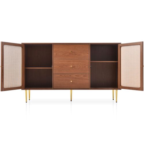 Buffet En Noyer Avec Portes En Rotin Et 3 Tiroirs, Pour Salon Ou Chambre, 150x40x90cm