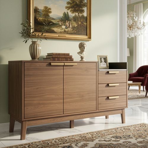 Buffet Moderne Effet Chêne Et Marbre,3 Tiroirs,armoire à Portes Réglables,pieds Bois,120x40x77 Cm