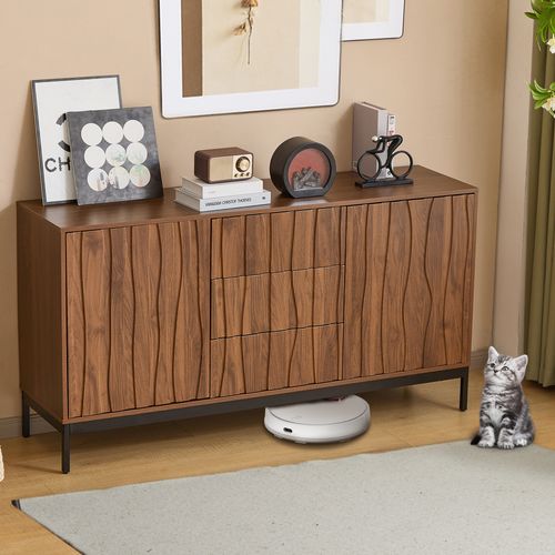 Buffet (150 Cm) Chêne Foncé, 3 Tiroirs, Design Mid-century Modern, Pour Cuisine, Salon Ou Entrée