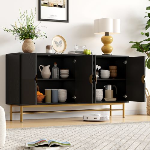 Buffet 4 Portes Noir à Relief, Pieds Laqués, Poignées Dorées, 160×40×82 cm