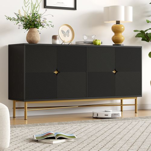 Buffet 4 Portes Noir à Relief, Pieds Laqués, Poignées Dorées, 160×40×82 cm